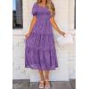 imagePRETTYGARDEN Womens 2025 Summer Casual Midi Dresses Square Neck Short Sleeve Smocked A Line Floral Flowy Elegant Boho DressDark Purple
