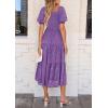 imagePRETTYGARDEN Womens 2025 Summer Casual Midi Dresses Square Neck Short Sleeve Smocked A Line Floral Flowy Elegant Boho DressDark Purple