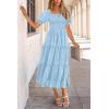 imagePRETTYGARDEN Womens 2025 Summer Casual Midi Dresses Square Neck Short Sleeve Smocked A Line Floral Flowy Elegant Boho DressLight Blue