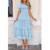 imagePRETTYGARDEN Womens 2025 Summer Casual Midi Dresses Square Neck Short Sleeve Smocked A Line Floral Flowy Elegant Boho DressLight Blue