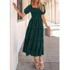 imagePRETTYGARDEN Womens 2025 Summer Casual Midi Dresses Square Neck Short Sleeve Smocked A Line Floral Flowy Elegant Boho DressMalachite Green