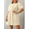 imagePRETTYGARDEN Womens 2025 Summer Casual Short Sleeve Dresses A Line Bow Tie Front Babydoll Loose Cute Mini Dress with PocketsBeige