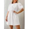 imagePRETTYGARDEN Womens 2025 Summer Casual Short Sleeve Dresses A Line Bow Tie Front Babydoll Loose Cute Mini Dress with PocketsWhite