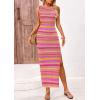 imagePRETTYGARDEN Womens Maxi Tank Spring Dress Sleeveless Crew Neck Striped Side Slit Casual Long Bodycon DressesRose Red