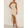 imagePRETTYGARDEN Womens Ruched Bodycon Dresses 2025 Summer Off Shoulder Asymmetrical High Split Elegant Cocktail Party DressApricot