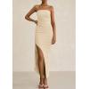 imagePRETTYGARDEN Womens Ruched Bodycon Dresses 2025 Summer Off Shoulder Asymmetrical High Split Elegant Cocktail Party DressApricot