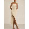 imagePRETTYGARDEN Womens Ruched Bodycon Dresses 2025 Summer Off Shoulder Asymmetrical High Split Elegant Cocktail Party DressApricot