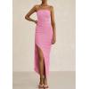 imagePRETTYGARDEN Womens Ruched Bodycon Dresses 2025 Summer Off Shoulder Asymmetrical High Split Elegant Cocktail Party DressPink