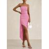 imagePRETTYGARDEN Womens Ruched Bodycon Dresses 2025 Summer Off Shoulder Asymmetrical High Split Elegant Cocktail Party DressPink