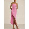 imagePRETTYGARDEN Womens Ruched Bodycon Dresses 2025 Summer Off Shoulder Asymmetrical High Split Elegant Cocktail Party DressPink