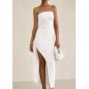 imagePRETTYGARDEN Womens Ruched Bodycon Dresses 2025 Summer Off Shoulder Asymmetrical High Split Elegant Cocktail Party DressWhite