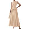 imagePRETTYGARDEN Womens 2 Piece Skirt Set 2025 Summer Ruched Tank Tops Ruffle Maxi Skirts Wedding Guest Matching OutfitsBeige