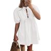imagePRETTYGARDEN Womens 2025 Summer Casual Short Sleeve Dresses A Line Bow Tie Front Babydoll Loose Cute Mini Dress with PocketsWhite