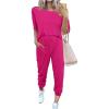 imagePRETTYGARDEN Womens Two Piece Lounge Sets 2025 Spring Summer Jogger Pants Vacation Outfits Travel Airplane Matching ClothesRose Red