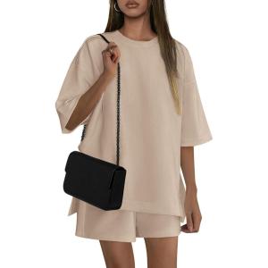 imagePRETTYGARDEN Womens 2 Piece Lounge Sets 2025 Summer Short Sleeve Tunic Tops Drawstring Shorts Matching Outfits TracksuitsBeige