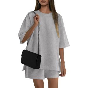 imagePRETTYGARDEN Womens 2 Piece Lounge Sets 2025 Summer Short Sleeve Tunic Tops Drawstring Shorts Matching Outfits TracksuitsGrey