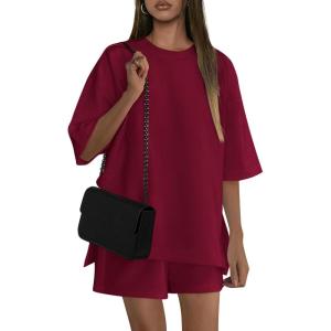 imagePRETTYGARDEN Womens 2 Piece Lounge Sets 2025 Summer Short Sleeve Tunic Tops Drawstring Shorts Matching Outfits TracksuitsWine Red