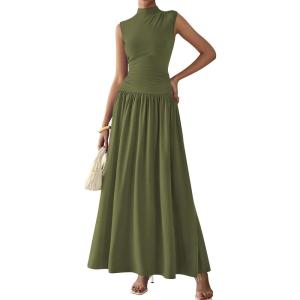 imagePRETTYGARDEN Womens 2 Piece Skirt Set 2025 Summer Ruched Tank Tops Ruffle Maxi Skirts Wedding Guest Matching OutfitsArmy Green