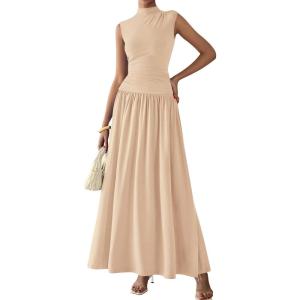 imagePRETTYGARDEN Womens 2 Piece Skirt Set 2025 Summer Ruched Tank Tops Ruffle Maxi Skirts Wedding Guest Matching OutfitsBeige
