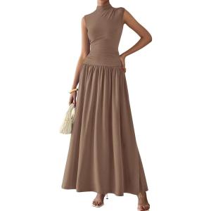 imagePRETTYGARDEN Womens 2 Piece Skirt Set 2025 Summer Ruched Tank Tops Ruffle Maxi Skirts Wedding Guest Matching OutfitsKhaki