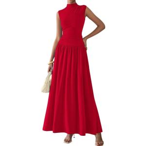 imagePRETTYGARDEN Womens 2 Piece Skirt Set 2025 Summer Ruched Tank Tops Ruffle Maxi Skirts Wedding Guest Matching OutfitsRed