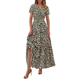 imagePRETTYGARDEN Womens 2025 Summer Boho Maxi Dresses Floral Short Sleeve V Neck A Line Tiered Flowy Long Beach Vacation DressBlack