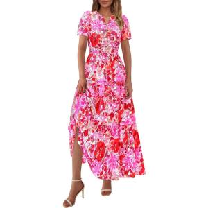 imagePRETTYGARDEN Womens 2025 Summer Boho Maxi Dresses Floral Short Sleeve V Neck A Line Tiered Flowy Long Beach Vacation DressFloral Rose Red