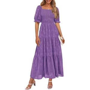 imagePRETTYGARDEN Womens 2025 Summer Casual Midi Dresses Square Neck Short Sleeve Smocked A Line Floral Flowy Elegant Boho DressDark Purple