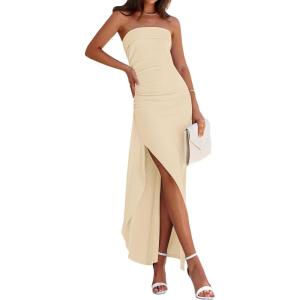 imagePRETTYGARDEN Womens Ruched Bodycon Dresses 2025 Summer Off Shoulder Asymmetrical High Split Elegant Cocktail Party DressApricot