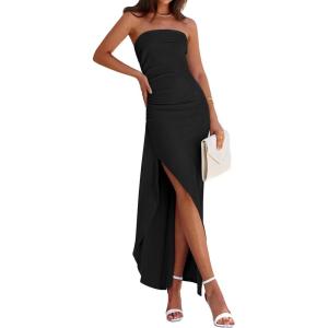 imagePRETTYGARDEN Womens Ruched Bodycon Dresses 2025 Summer Off Shoulder Asymmetrical High Split Elegant Cocktail Party DressBlack
