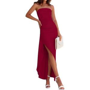 imagePRETTYGARDEN Womens Ruched Bodycon Dresses 2025 Summer Off Shoulder Asymmetrical High Split Elegant Cocktail Party DressWine Red