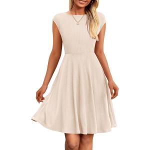 imagePRETTYGARDEN Womens Short Summer Dress 2025 Crewneck Cap Sleeve Ribbed Knit Casual Flowy A Line Mini Sundresses with PocketsApricot Pink