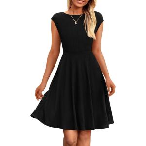 imagePRETTYGARDEN Womens Short Summer Dress 2025 Crewneck Cap Sleeve Ribbed Knit Casual Flowy A Line Mini Sundresses with PocketsBlack