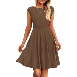 imagePRETTYGARDEN Womens Short Summer Dress 2025 Crewneck Cap Sleeve Ribbed Knit Casual Flowy A Line Mini Sundresses with PocketsCoffee
