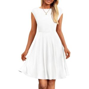 imagePRETTYGARDEN Womens Short Summer Dress 2025 Crewneck Cap Sleeve Ribbed Knit Casual Flowy A Line Mini Sundresses with PocketsWhite