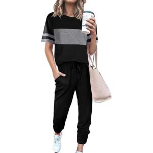 imagePRETTYGARDEN Womens Two Piece Lounge Sets 2025 Spring Summer Jogger Pants Vacation Outfits Travel Airplane Matching ClothesStriped Black