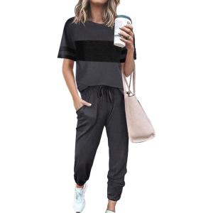 imagePRETTYGARDEN Womens Two Piece Lounge Sets 2025 Spring Summer Jogger Pants Vacation Outfits Travel Airplane Matching ClothesStriped Dark Grey