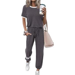 imagePRETTYGARDEN Womens Two Piece Lounge Sets 2025 Spring Summer Jogger Pants Vacation Outfits Travel Airplane Matching ClothesStripes Grey