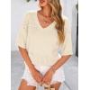 imagePRETTYGARDEN Womens Short Sleeve Sweater Tops 2025 Spring Summer Casual V Neck Ribbed Knit Trendy Eyelet Blouse T ShirtsApricot