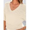 imagePRETTYGARDEN Womens Short Sleeve Sweater Tops 2025 Spring Summer Casual V Neck Ribbed Knit Trendy Eyelet Blouse T ShirtsApricot
