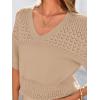 imagePRETTYGARDEN Womens Short Sleeve Sweater Tops 2025 Spring Summer Casual V Neck Ribbed Knit Trendy Eyelet Blouse T ShirtsDark Apricot