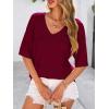 imagePRETTYGARDEN Womens Short Sleeve Sweater Tops 2025 Spring Summer Casual V Neck Ribbed Knit Trendy Eyelet Blouse T ShirtsWine Red
