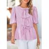 imagePRETTYGARDEN Womens Tie Front Striped Shirt 2025 Summer Trendy Fashion Cute Babydoll Tops Peplum Puffy Sleeve BlousePurple Red