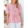 imagePRETTYGARDEN Womens Tie Front Striped Shirt 2025 Summer Trendy Fashion Cute Babydoll Tops Peplum Puffy Sleeve BlouseRed