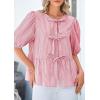 imagePRETTYGARDEN Womens Tie Front Striped Shirt 2025 Summer Trendy Fashion Cute Babydoll Tops Peplum Puffy Sleeve BlouseRed