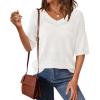 imagePRETTYGARDEN Womens Short Sleeve Sweater Tops 2025 Spring Summer Casual V Neck Ribbed Knit Trendy Eyelet Blouse T ShirtsBeige White