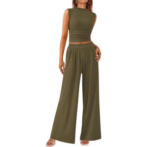 imagePRETTYGARDEN 2 Piece Outfits for Women Summer Matching Lounge Sets Ribbed Knit Crop Tank Tops Wide Leg Pants Travel ClothesArmy Green