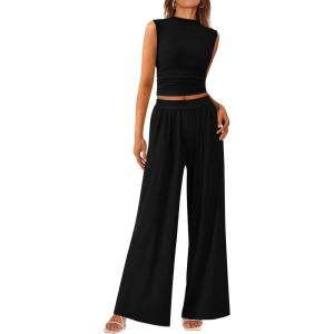 imagePRETTYGARDEN 2 Piece Outfits for Women Summer Matching Lounge Sets Ribbed Knit Crop Tank Tops Wide Leg Pants Travel ClothesBlack