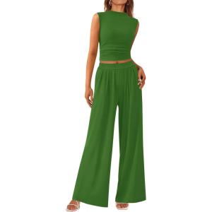 imagePRETTYGARDEN 2 Piece Outfits for Women Summer Matching Lounge Sets Ribbed Knit Crop Tank Tops Wide Leg Pants Travel ClothesGreen