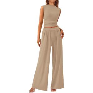 imagePRETTYGARDEN 2 Piece Outfits for Women Summer Matching Lounge Sets Ribbed Knit Crop Tank Tops Wide Leg Pants Travel ClothesKhaki